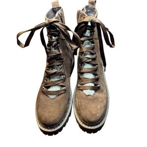 Steve Madden Boots Womens Size 7.5 Brown Leather Rainier Faux Fur Ankle Lug